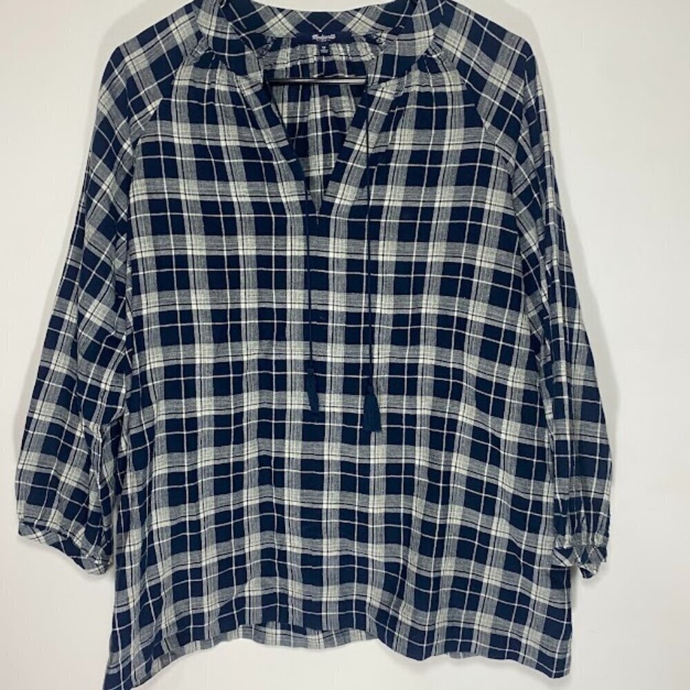 Madewell Navy Blue Plaid Tunic Linen Blend Blouse
